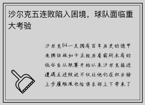 沙尔克五连败陷入困境，球队面临重大考验
